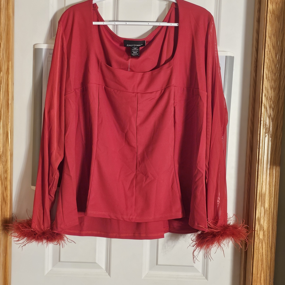 Ashley Stewart Red Feather-Accent Blouse